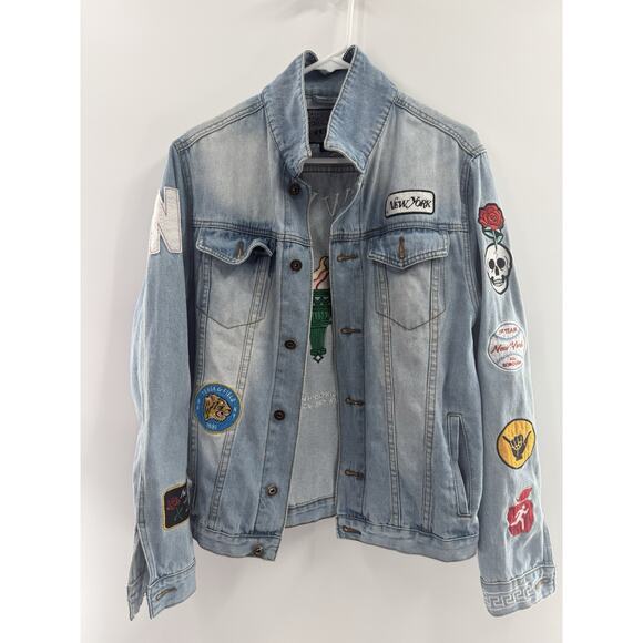 BROOKLYN CLOTH Button Down Patches Blue Denim Jean Jacket Women's Size Medium... - Picture 1 of 16